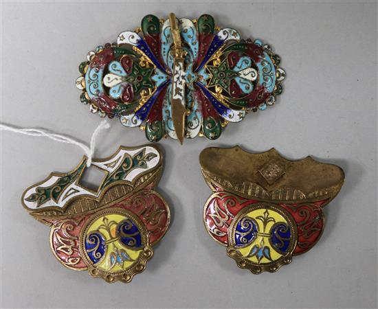 Two Turkish enamelled brass belt buckles
